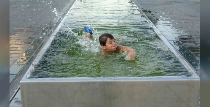 Istanbul'da sıcaktan bunalan çocuk ve köpek süs havuzuna girdi