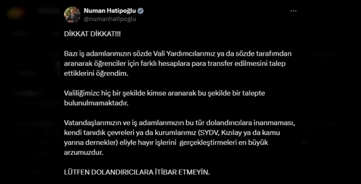 Elazığ Valisi Hatipoğlu: Dolandırıcılık uyarısı