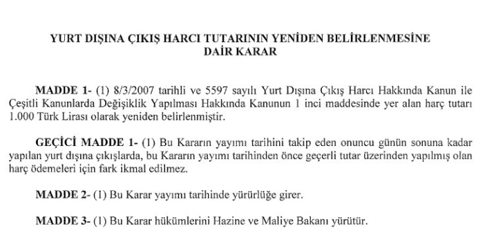 Yurt dışı çıkış harcı 1000 TL oldu