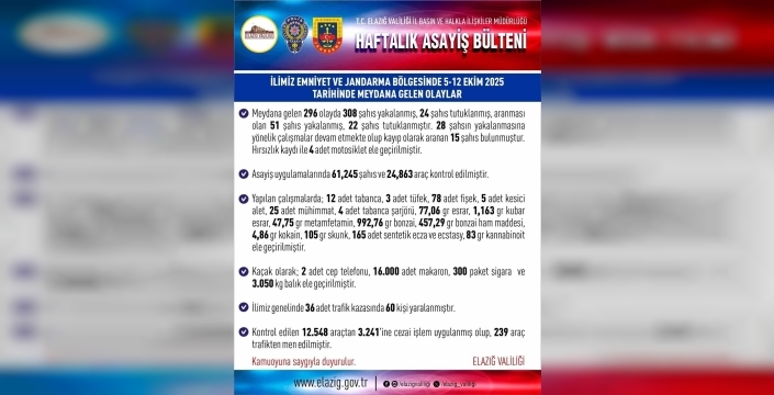 Elazığ'da bir haftada 296 asayiş olayı: 308 kişi yakalandı, 24 kişi tutuklandı