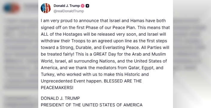 Trump: İsrail ve Hamas, Gazze Barış Planı'nın ilk aşamasını onayladı