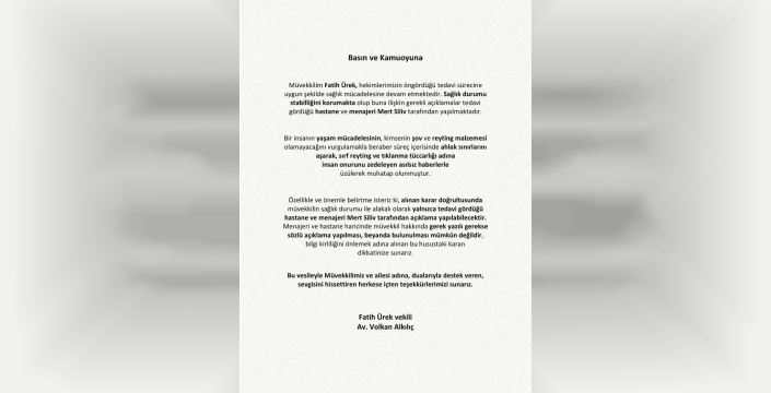 Fatih Ürek'in avukatı'ndan sağlık durumuna dair önemli açıklama