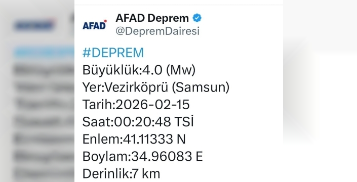 Samsun Vezirköprü gece yarısı 4.0 büyüklüğünde depremle sarsıldı