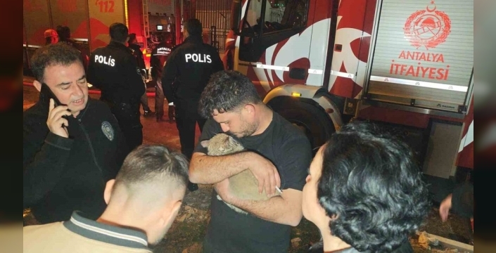 Antalya'da korkutan yangında mahsur kalan kedi itfaiye tarafından kurtarıldı
