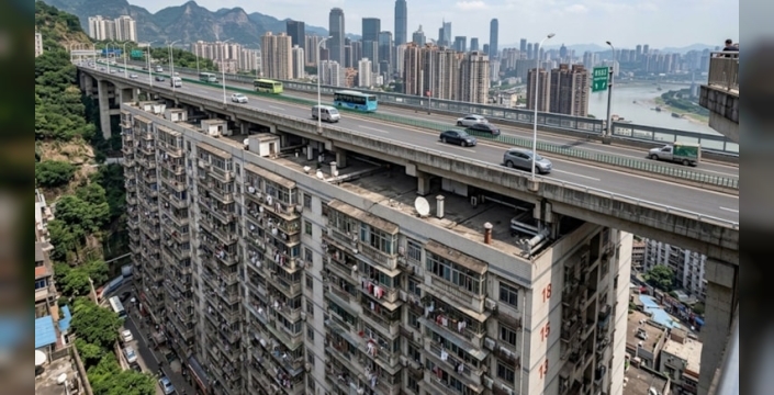 Chongqing'de 18 katlı binanın çatısına otoyol inşa edildi