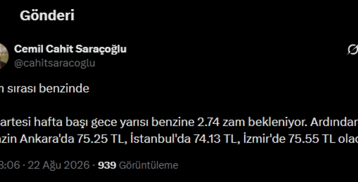 Benzin fiyatlarına yeni zam geliyor