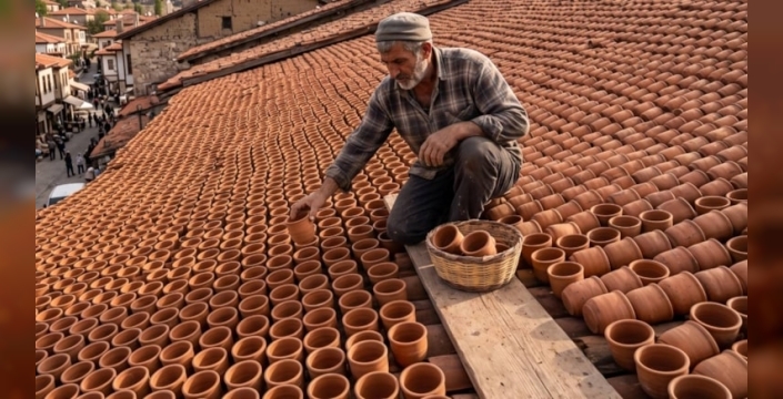 Çatıya dizilen 7 bin bardakla ev serinletiliyor