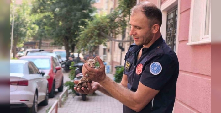 İnegöl'de yağmur suyu giderine sıkışan kediyi itfaiye kurtardı