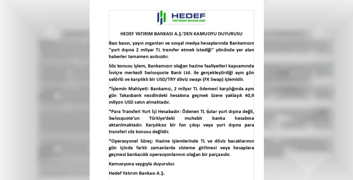Hedef Yatırım'dan yurt dışına para transferi iddialarına yanıt