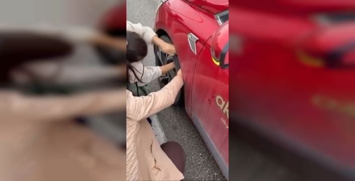 Yola çıkan kedi aracın tekerine sığındı