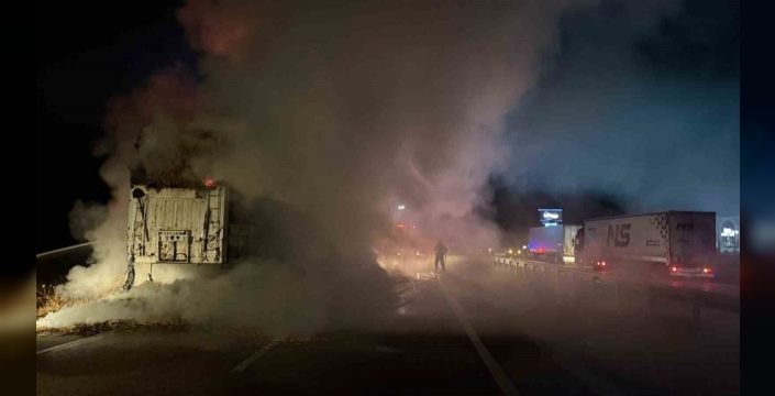 Ayvacık'ta seyir halindeki tırda yangın çıkması sonucu devrildi