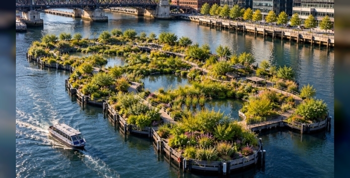 Boston'da Fort Point Channel'a 10 tonluk yüzen ada inşa edildi