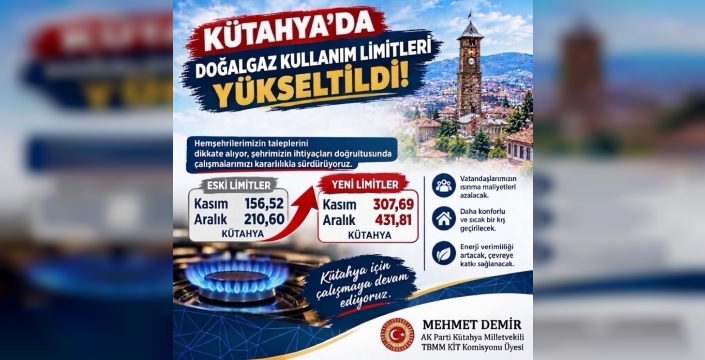 Kütahya'da kasım ve aralık doğal gaz limitleri yükseldi